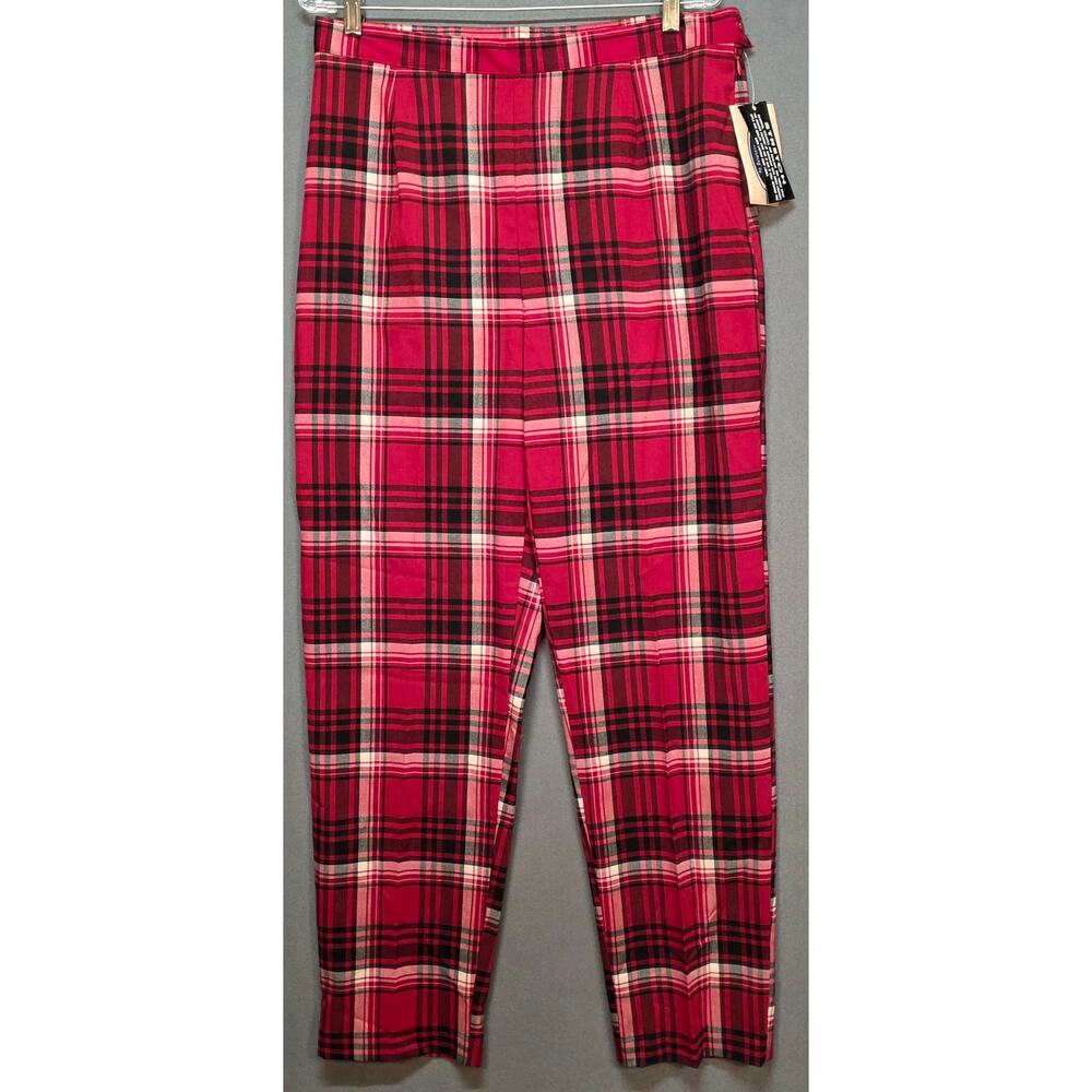 Womens 14 Trouser Red Black Tartan Plaid High Rise Tapered Stretch 33x30 Casual
